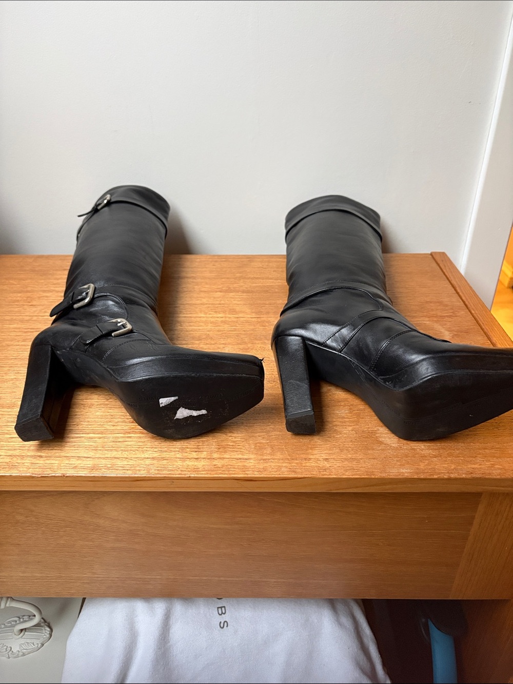 Stuart Weitzman Black Leather Knee-High Buckle Block Heel Boots - Picture 2 of 3